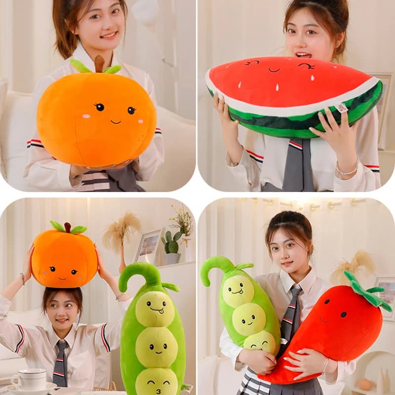 Travesseiros de pelúcia em forma de melancia, pimenta, ervilha, laranja e kiwi, branco