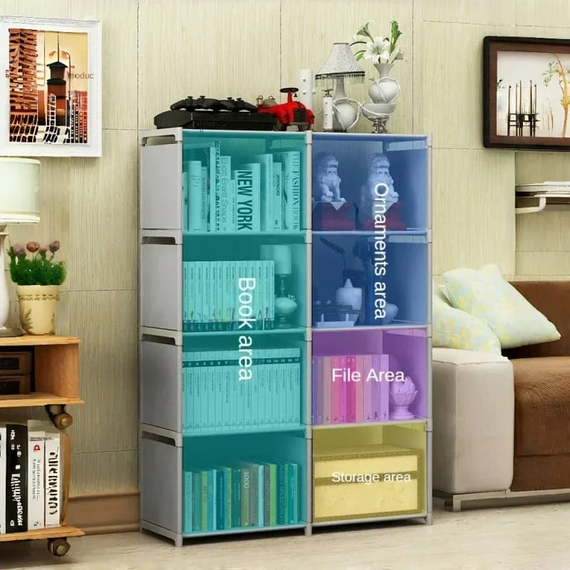 Estante infantil modular Jácotei cinza com áreas destacadas para livros, ornamentos, arquivos e armazenamento