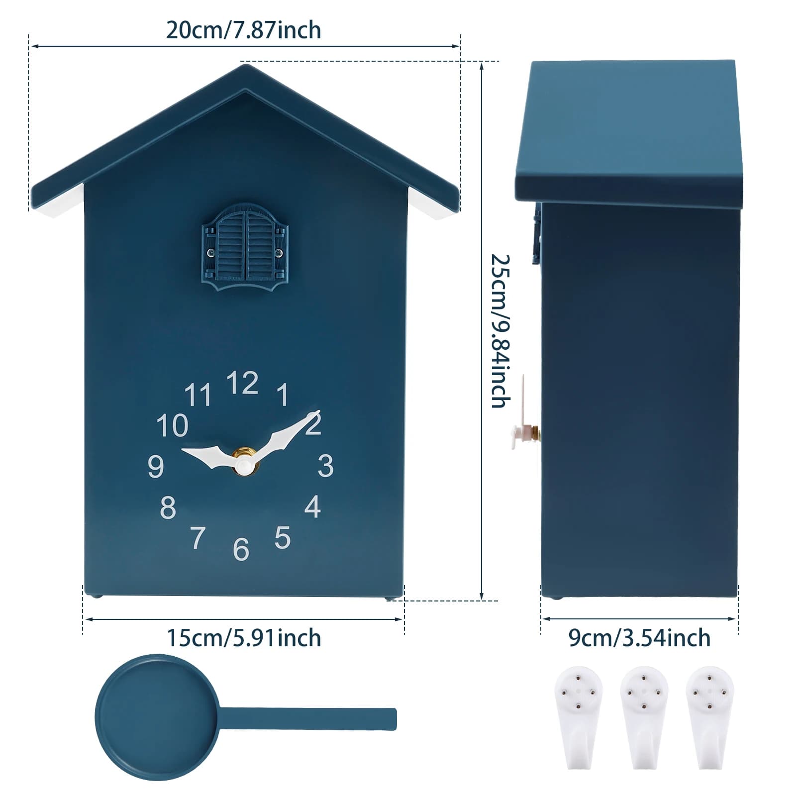 Relógio de parede cuco azul escuro com medidas 25x20x9 cm e pêndulo, estilo moderno e minimalista