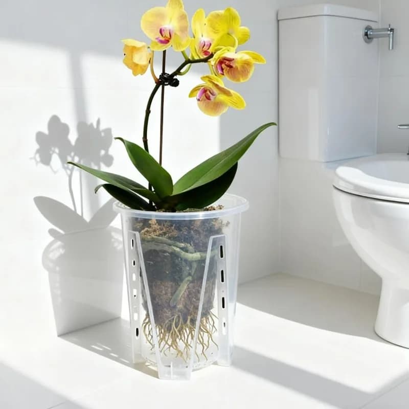 Vaso transparente para plantas e mudas SML XL com controle de raízes, orquídea amarela dentro