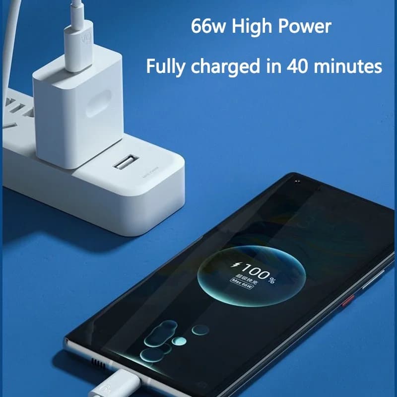 Cabo USB-C branco conectado a carregador e smartphone mostrando carregamento rápido 66W em 40 minutos