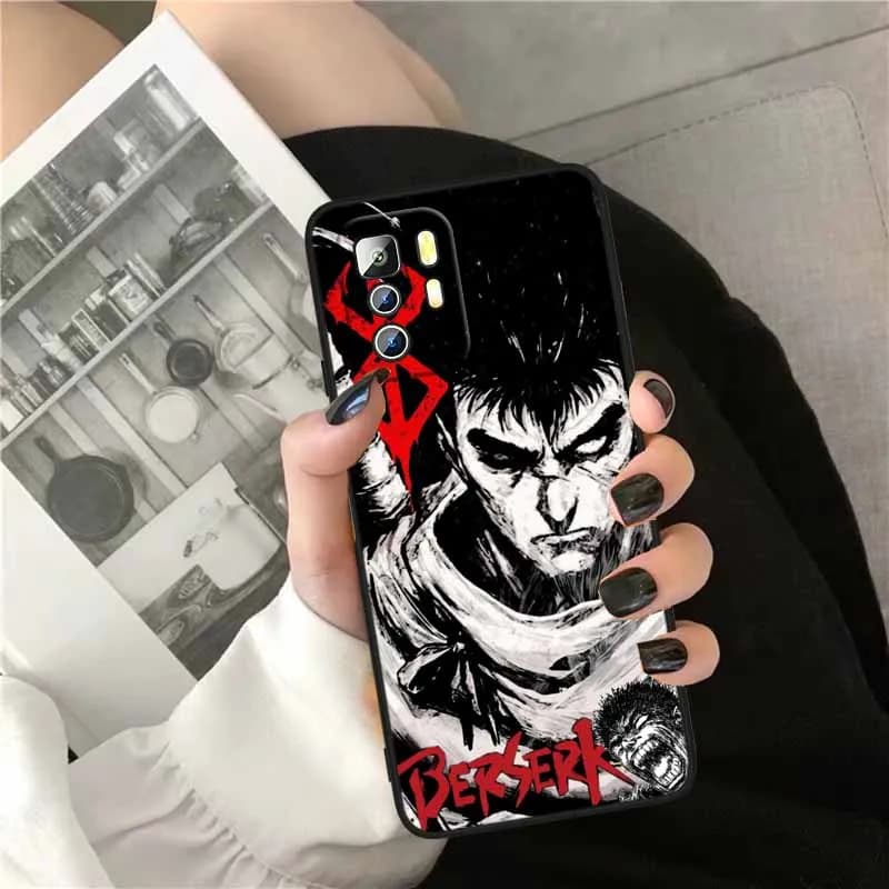 Capa de silicone preta para Xiaomi Redmi Note 15 com arte em preto e branco do personagem Berserk