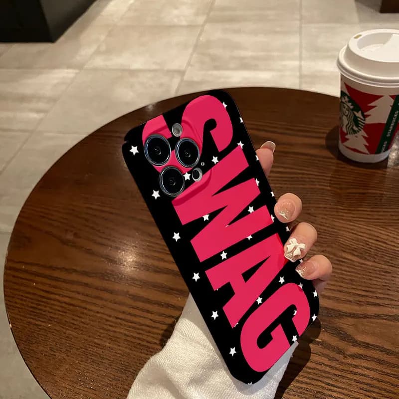 Capa de telefone Xiaomi Redmi Note luxo Y2K preta com letras rosa e estrelas brancas