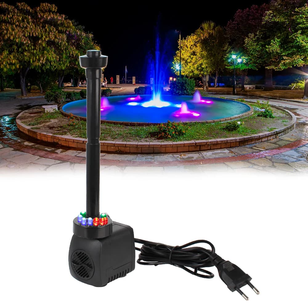 Bomba de água de jardim à prova d'água com LED multicor, preta, para fonte de jardim, 15W.
