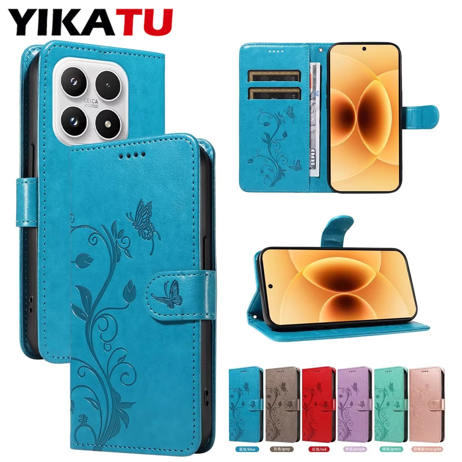 Capa de telefone de couro azul com estampa de borboletas e flores para Xiaomi Redmi