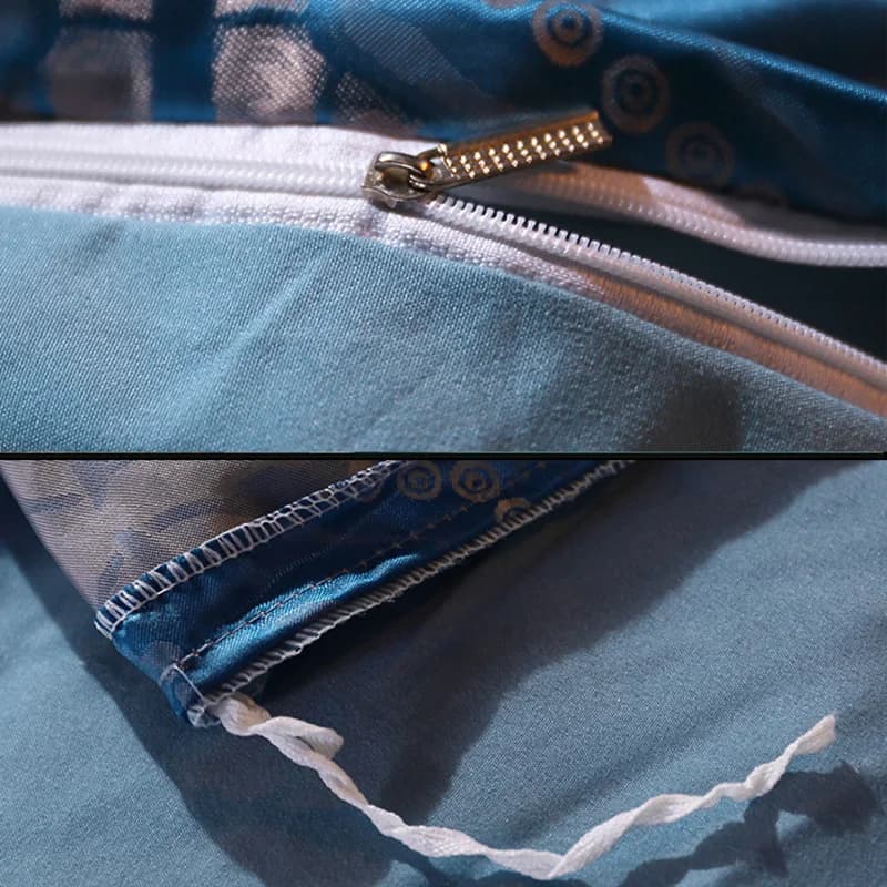 Detalhe de zíper e amarração em tecido azul do conjunto de cama clássico europeu king em tencel modal