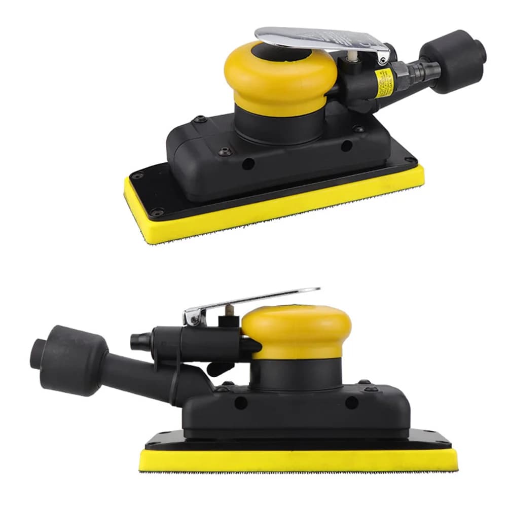 Lixadeira orbital Hifeson 98a, vista frontal e lateral, com base retangular e acessório de polimento amarelo e vermelho.