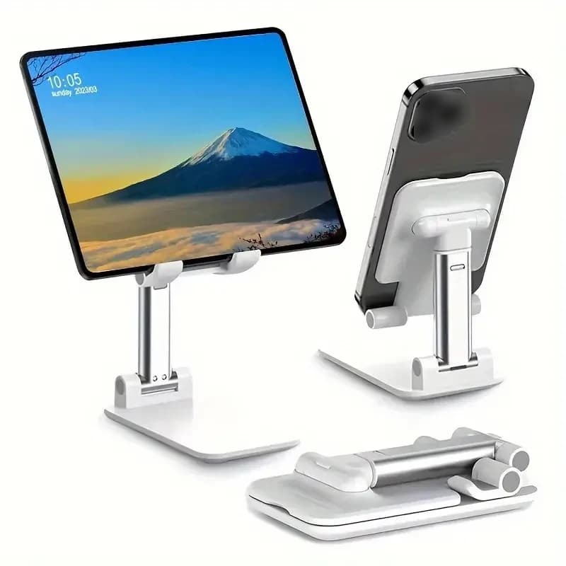 Suporte dobrável branco para celular e tablet em diferentes posições, material resistente e compacto