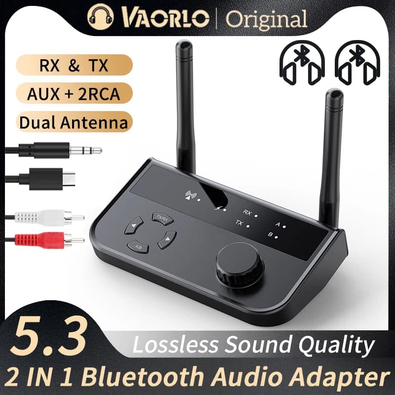 Adaptador de Áudio Bluetooth 5.3, 2 em 1, RCA, AUX, Antenas Duplas, Preto
