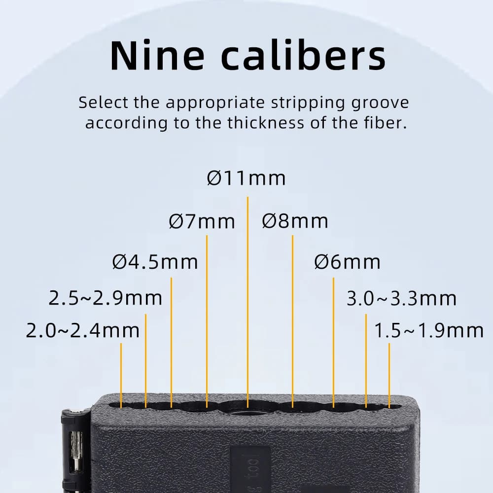 Talhadeira stripper preta para tubo de fibra óptica com nove calibres de abertura de 1,5 a 11 mm