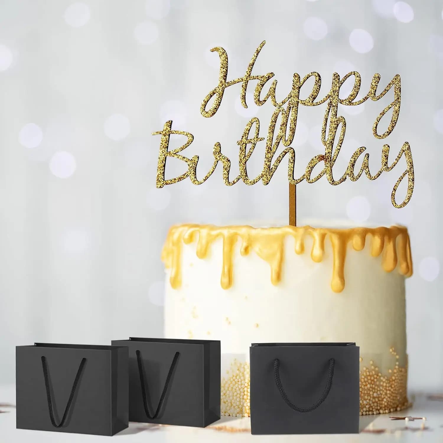 Conjunto de sacos de presente de papel preto com alças, perfeito para festas e celebrações