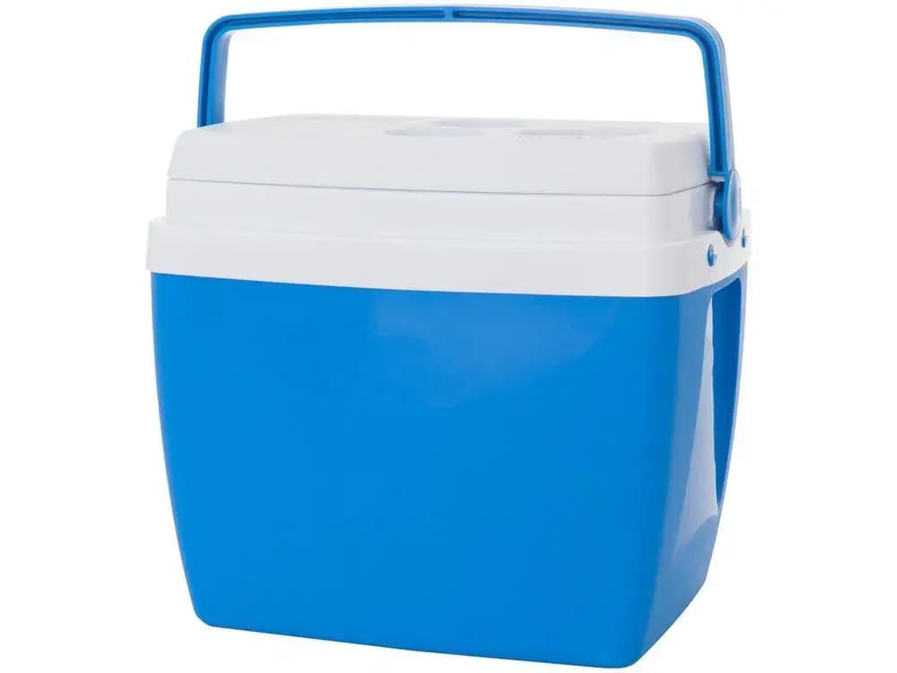 Caixa térmica Mor 26L azul e branca com cabo de transporte