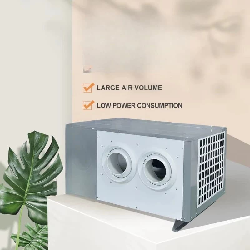 Ar condicionado industrial com eficiência energética, carcaça em metal cinza, painéis de ventilação brancos com iluminação verde.