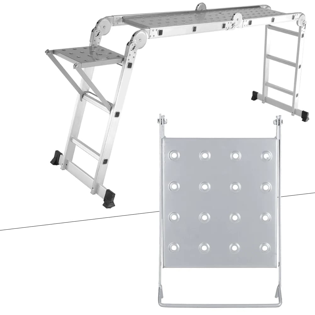 Suporte de escadas resistente e antiderrapante para construção, com plataforma e escada dobrável, em metal prata