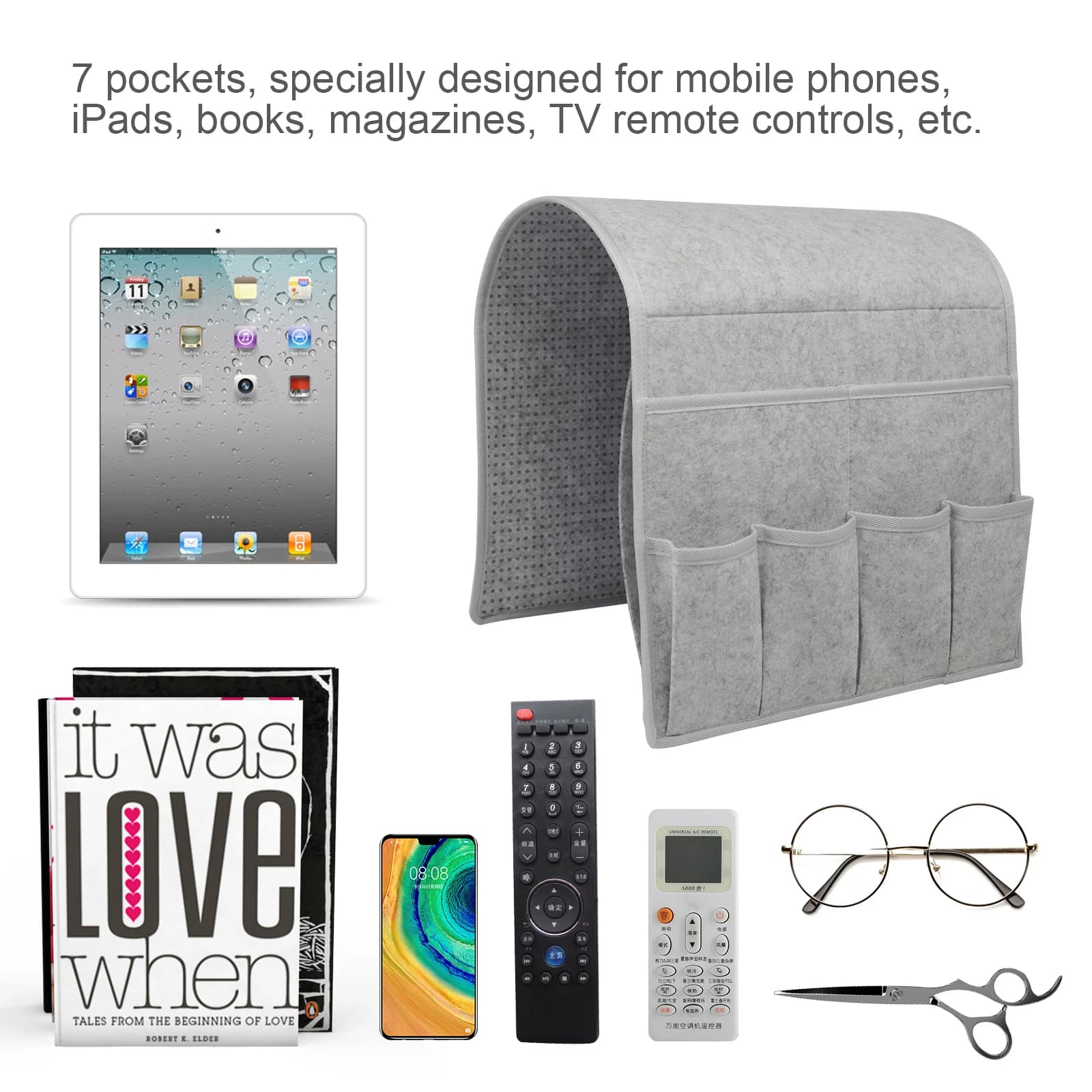 Organizador cinza com 7 bolsos para celular, tablet, livros, controle remoto e óculos, material antiderrapante