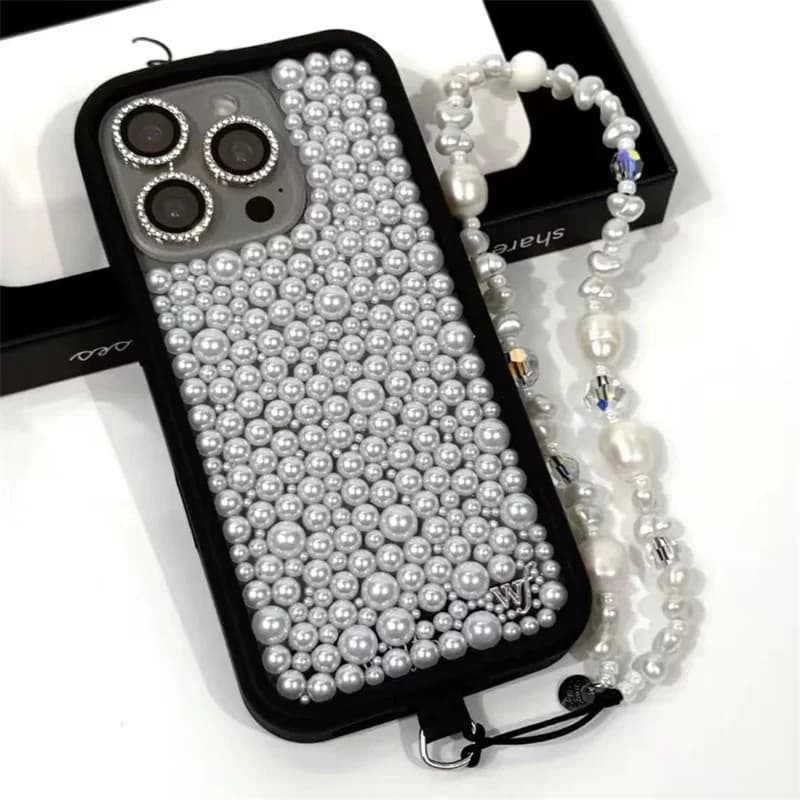 Capa de Telefone 3D em Pérola Branca Brilhante para iPhone 16 14 13 14 15 17 Pro Max, Estilo Fashion ﻿ ﻿ ﻿ ﻿ ﻿ ﻿ ﻿ ﻿ ﻿ ﻿ ﻿ ﻿ ﻿ ﻿