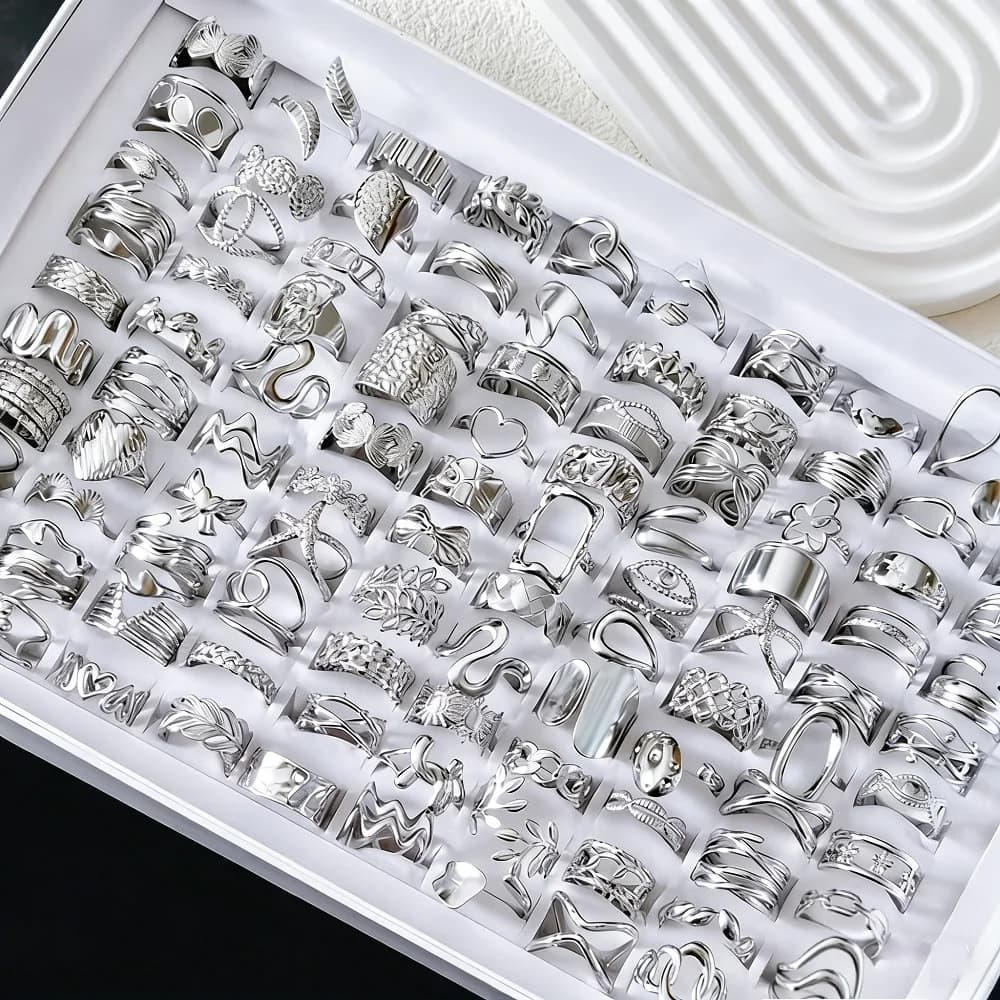 Kit de anéis abertos prateados em aço inoxidável com diversos estilos e texturas