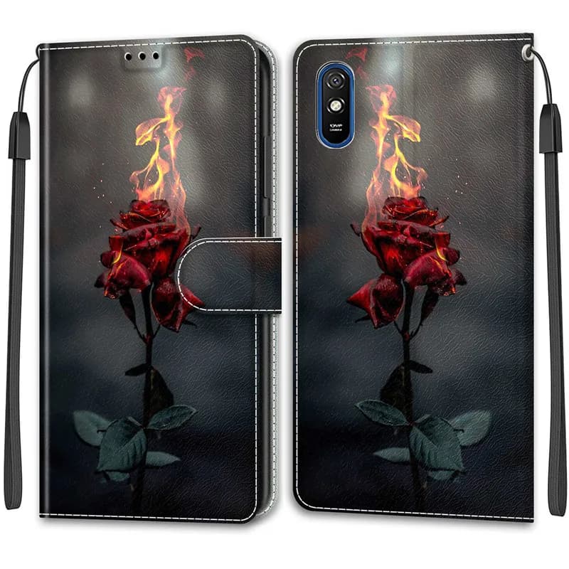 Capa carteira para Xiaomi Redmi 9AT em couro com estampa de rosa vermelha em chamas em fundo escuro