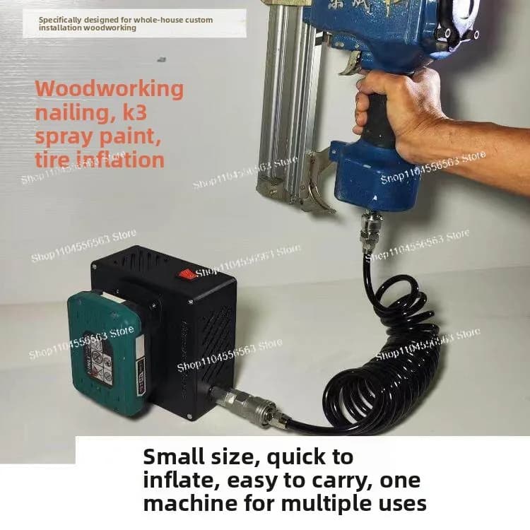 Apenas a Ferramenta (Sem Bateria) – Mini Compressor Portátil de Cilindro Duplo com Mangueira de Mola Preta de 3m para Marcenaria, Pregos e Pintura