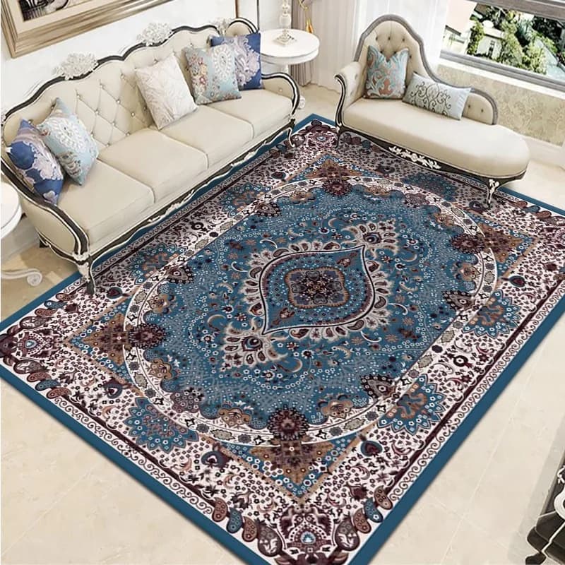 Tapete persa moderno azul e branco para sala de estar