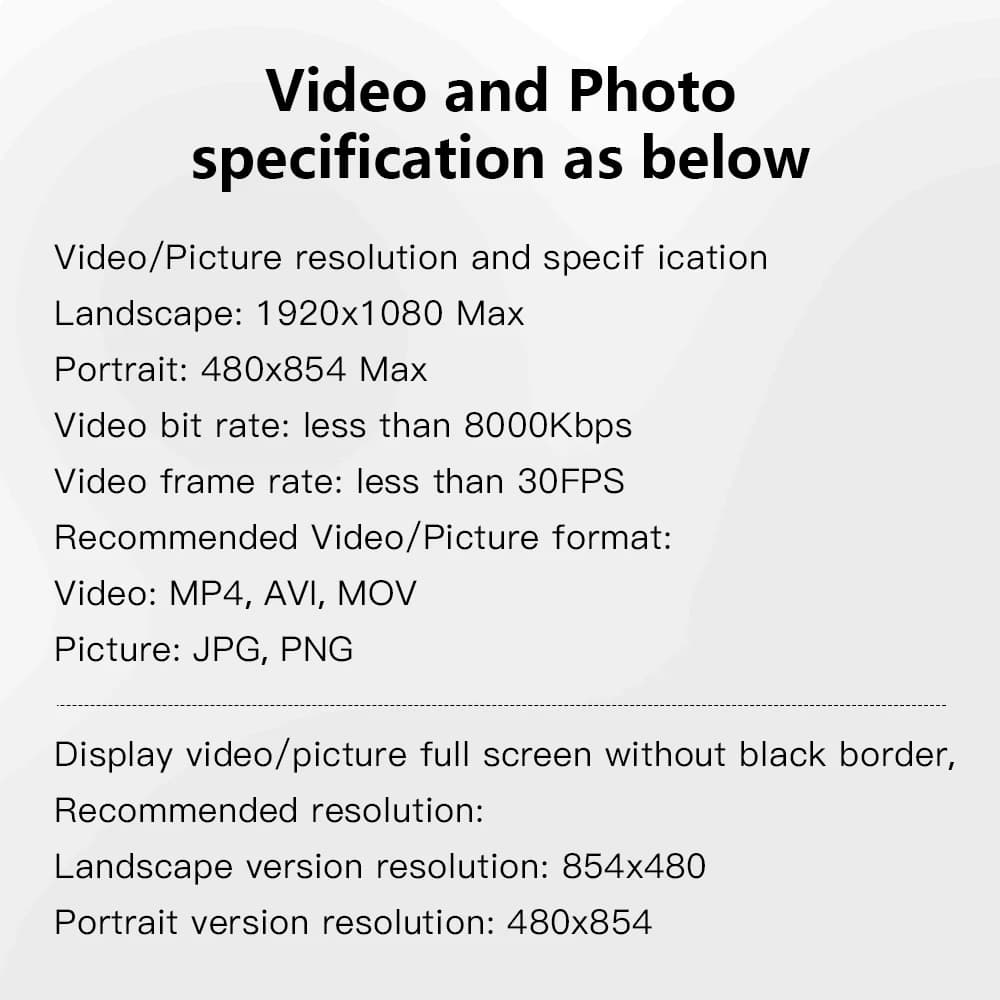 Especificações técnicas do porta-retratos digital branco com resolução de vídeo e foto recomendada