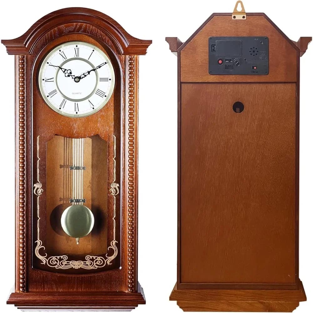 Relógio de parede vintage com moldura de elemwood, mostrador branco, pêndulo e carrilhão