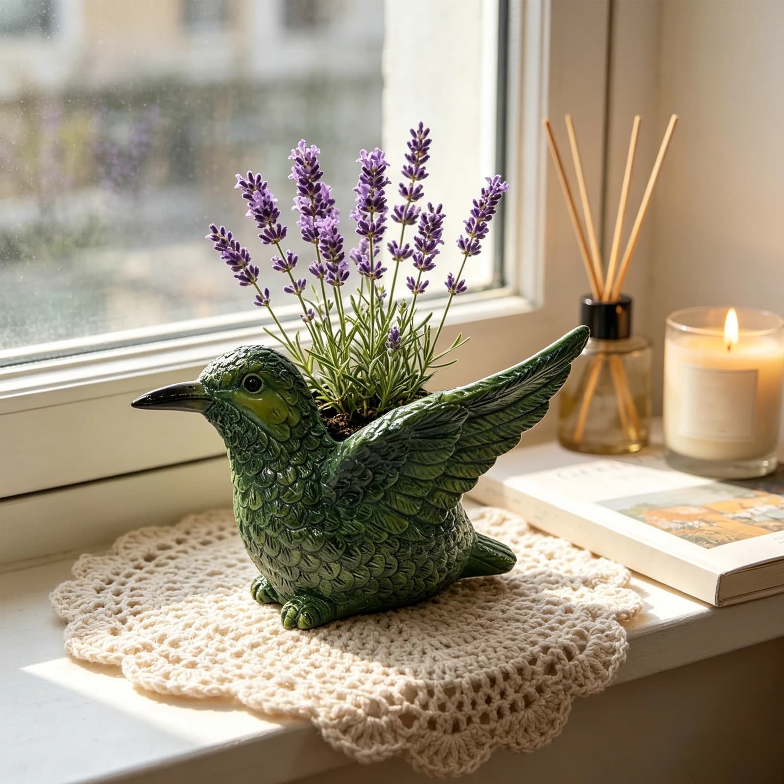 Vaso de planta em forma de pássaro verde com flores de lavanda para suculentas