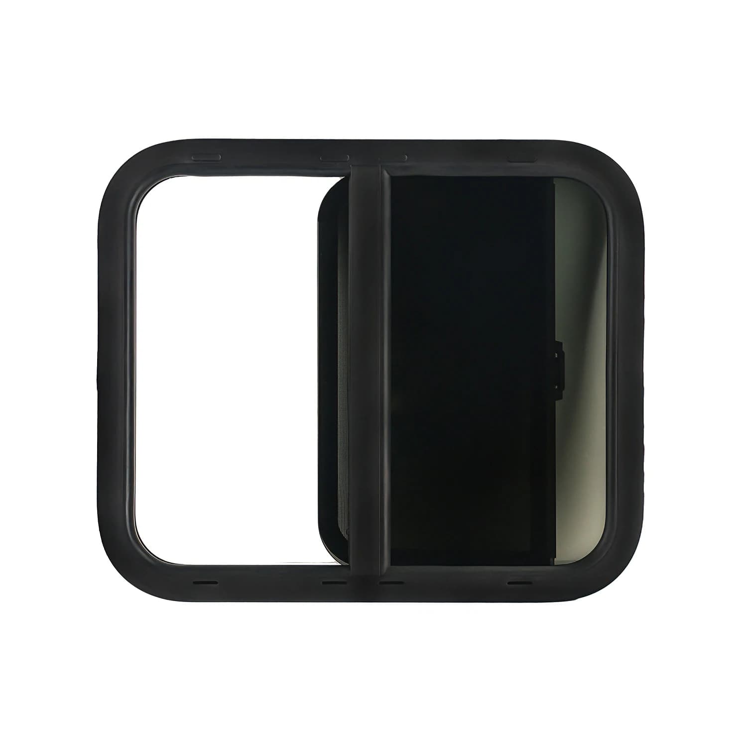Janela lateral RV deslizante com cortina blackout e tela de malha, fechada