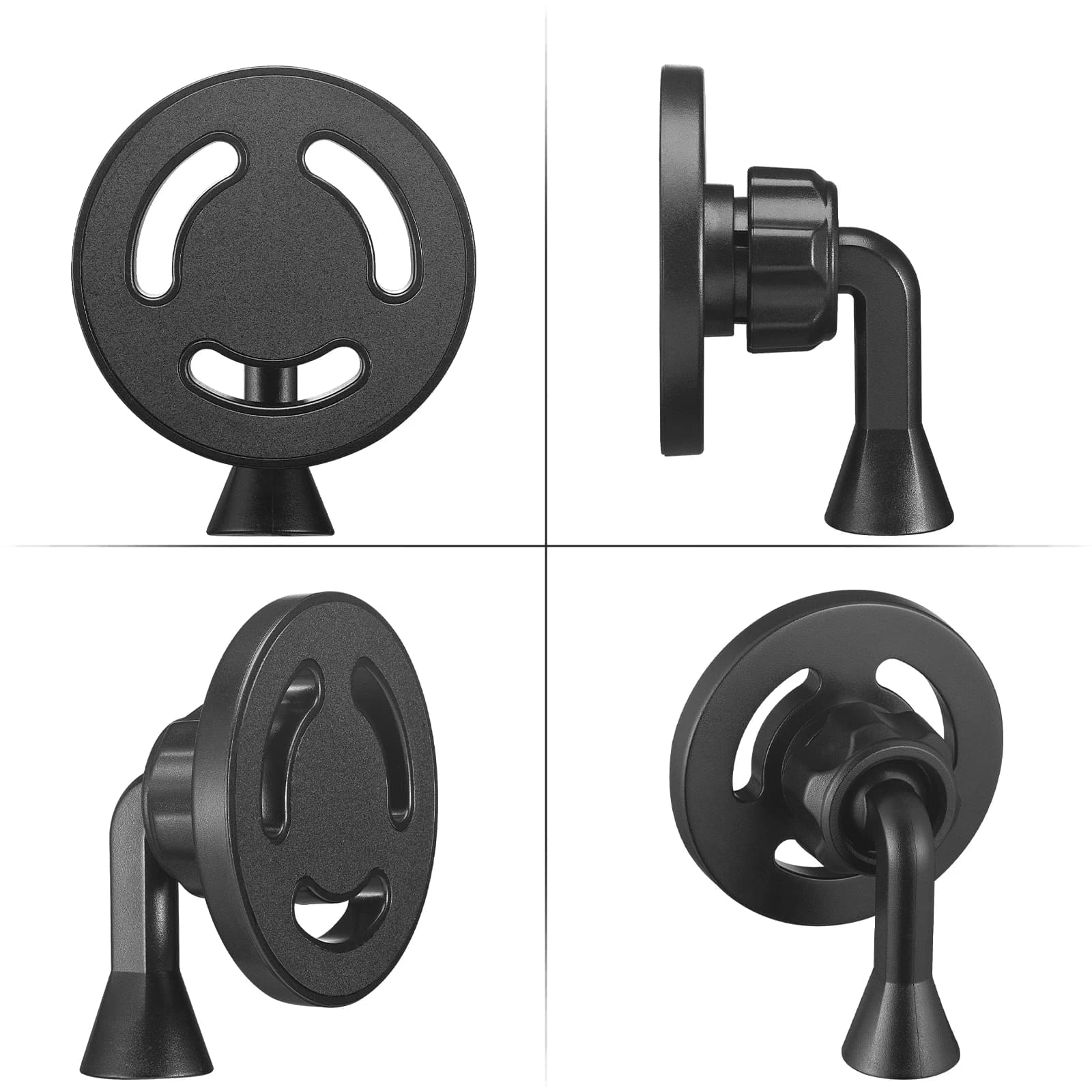 Visões múltiplas do adaptador de montagem para tripé de telefone magnético Magsafe preto com design circular e ajuste rotativo