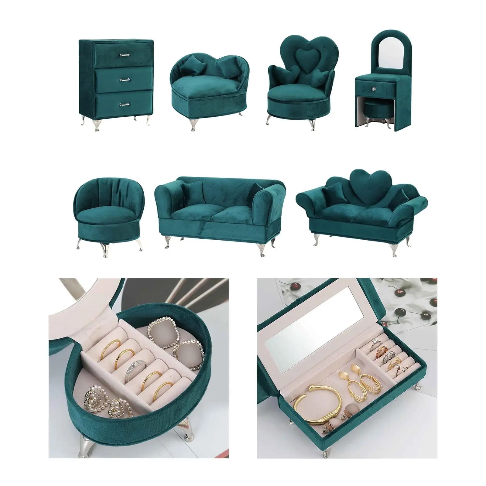 Conjunto de móveis em forma de sofá azul-marinho para bonecas com design de coração