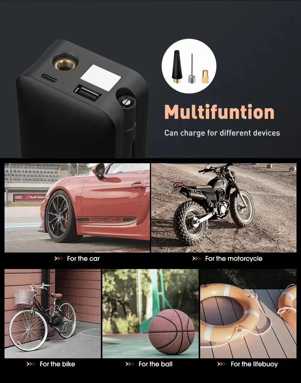 Compressor de Ar Portátil Elétrico, Bomba de Ar Sem Fio para Carro com Lâmpada LED para Carro, Moto, Bicicleta e Bolas