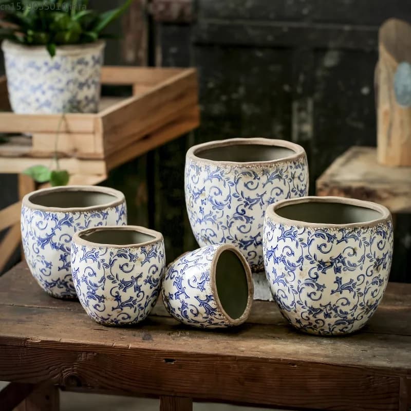 Conjunto de vasos de flores cerâmicos vintage azul e branco com padrão floral para jardim