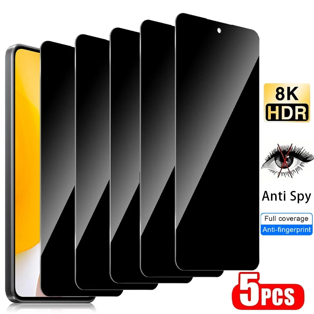 Protetores de tela de vidro temperado anti-espião para Xiaomi, 5 unidades, 8K HDR, anti-spy, full coverage, anti-fingerprint