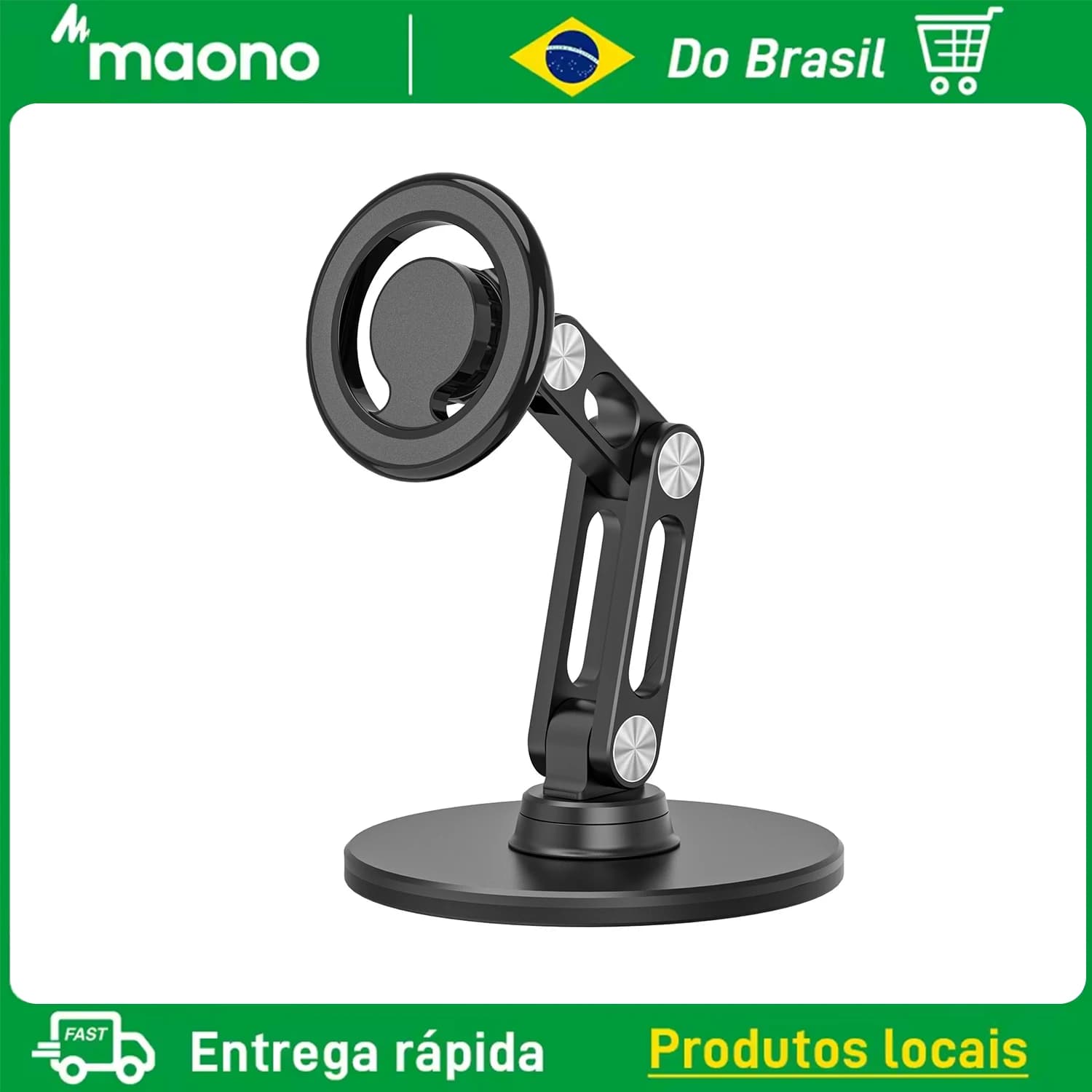 Suporte magnético rotativo 360 graus preto para celulares, ajustável, metal, entrega rápida
