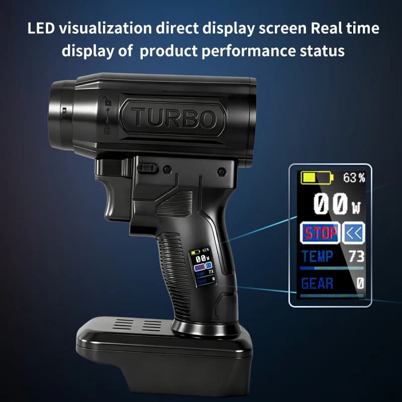 Ventilador TURBO portátil preto com tela LED para visualização em tempo real do status de desempenho do produto