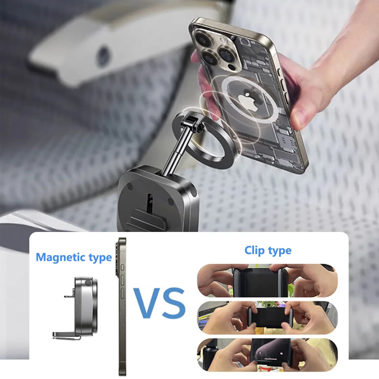 Suporte magnético para telefone de avião 360 graus com anéis de ajuste e lenços de limpeza