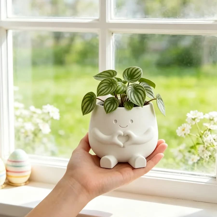 Vaso de flores em forma de coelho branco com planta verde, segurado na mão, em frente a uma janela com jardim.