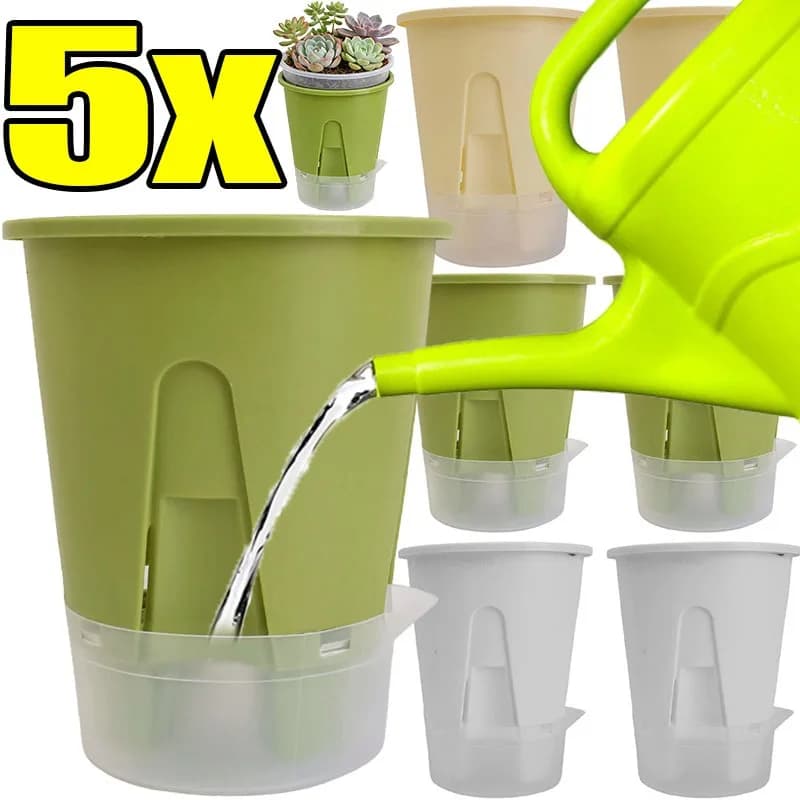 Kit de 5 vasos autoirrigáveis verdes com sistema de rega automática para plantas