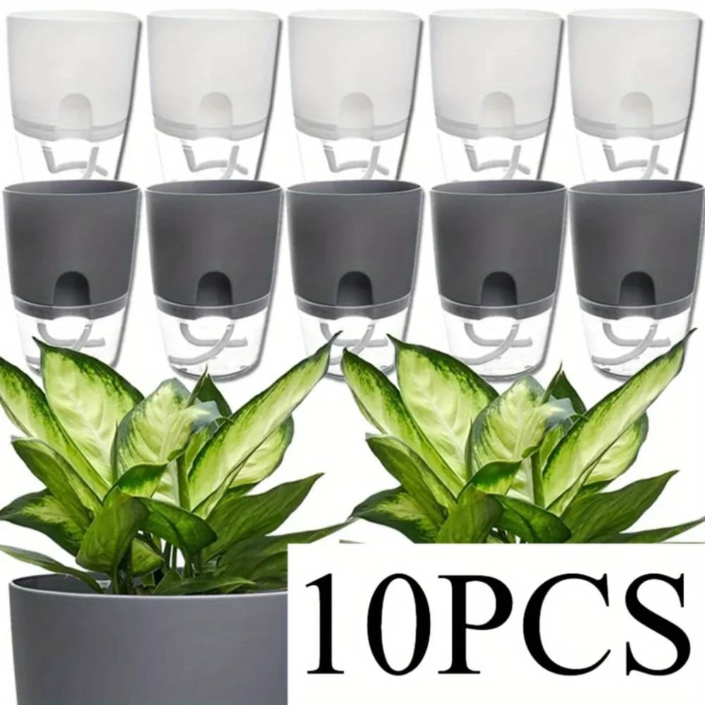 Kit 10 vasos de flores autoirrigáveis dupla camada cinza e branco para plantas