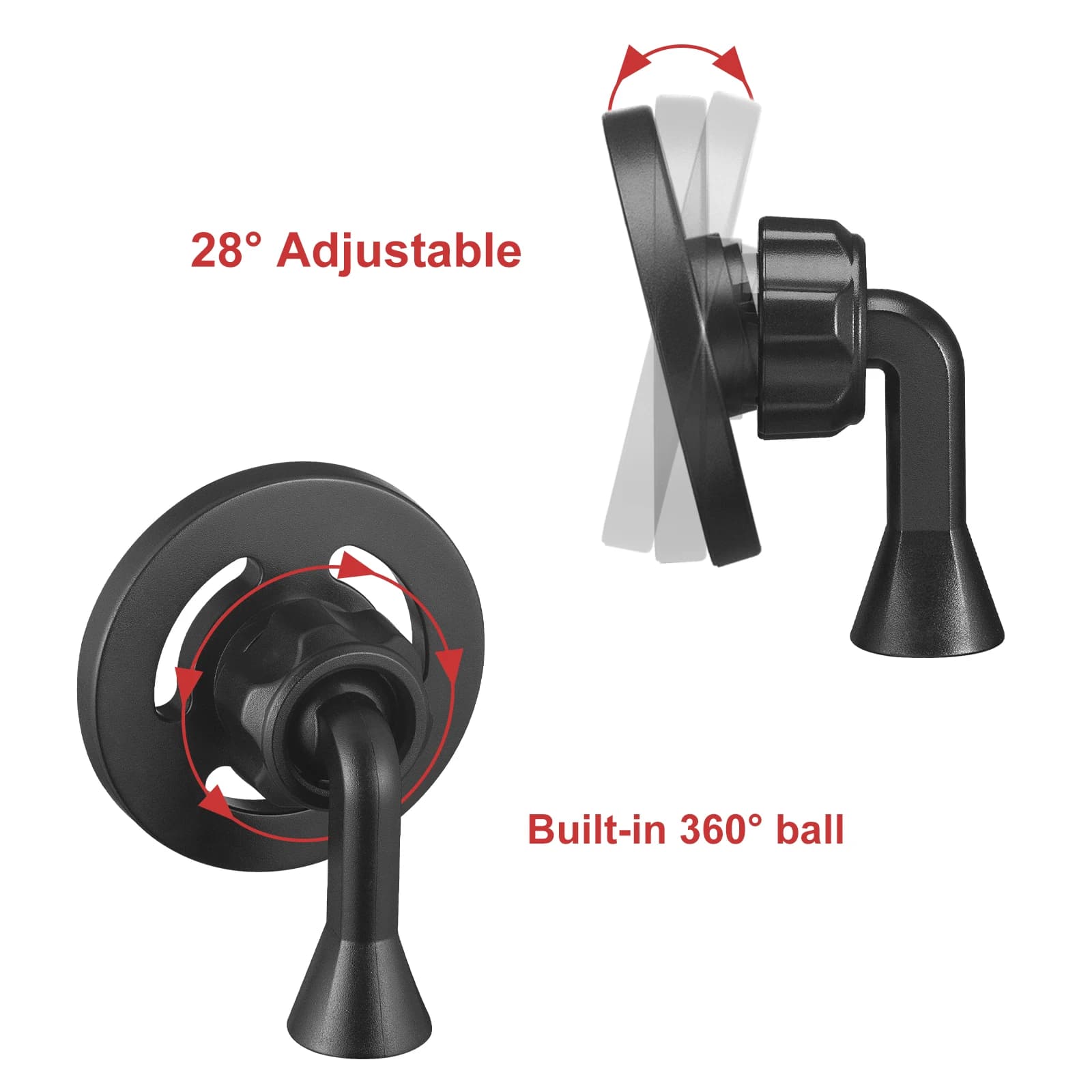 Adaptador de montagem para tripé preto com ajuste de 28 graus e bola giratória 360 graus embutida