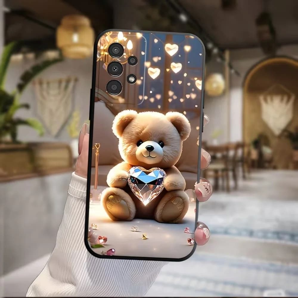 Capa de telefone azul Little Bear para Samsung Galaxy A Series com urso e cristal em formato de coração