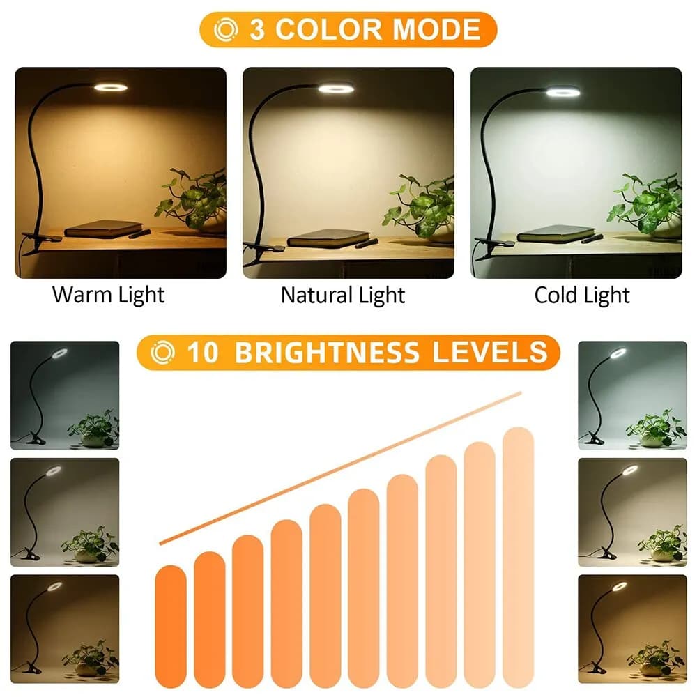 Luz de leitura e cultivo com 48 LEDs, 360°, lâmpada de mesa flexível com braço gooseneck, iluminação para plantas