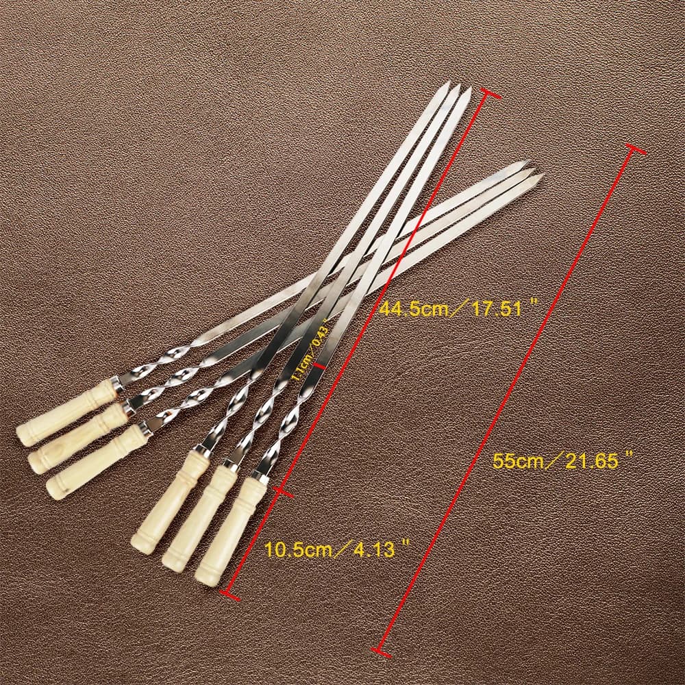 Set de 6 espetos de churrasco com alças de madeira e pontas em aço inoxidável