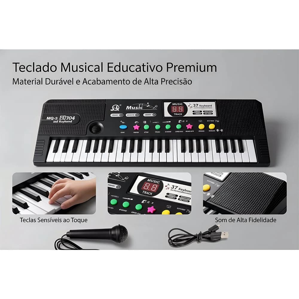 Teclado de piano com 37 teclas, piano digital com alto-falante e microfone integrados, teclado portátil para iniciantes, ideal