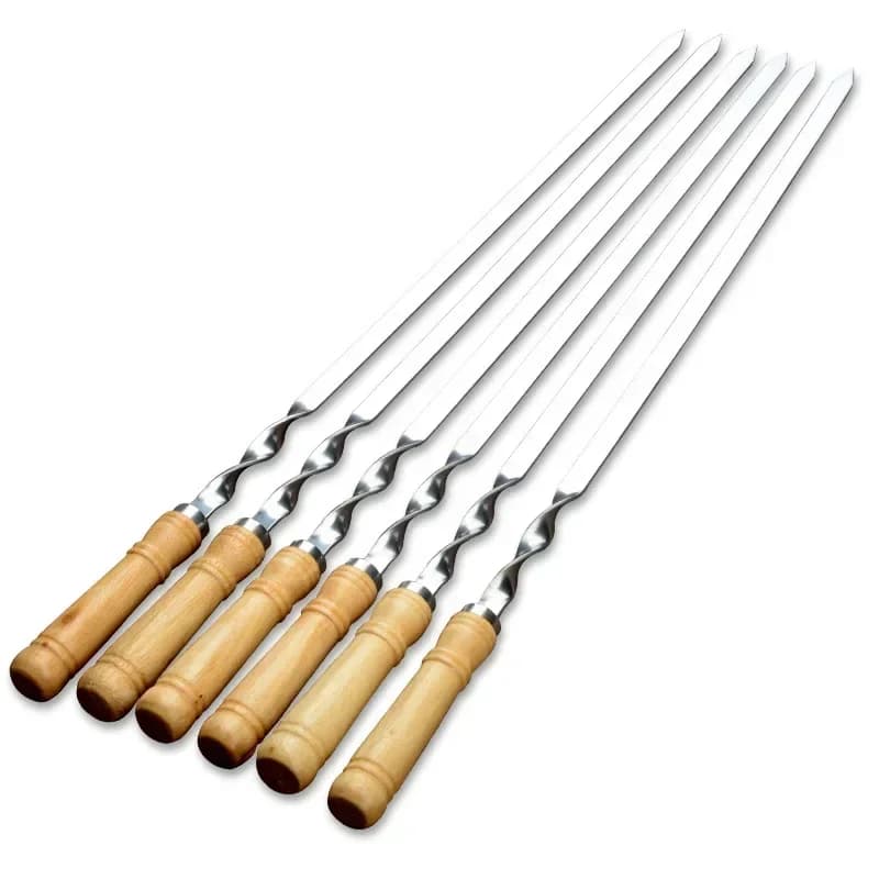 Conjunto 5 espetos para churrasco com cabo de madeira claro e lâmina de aço inoxidável 55cm