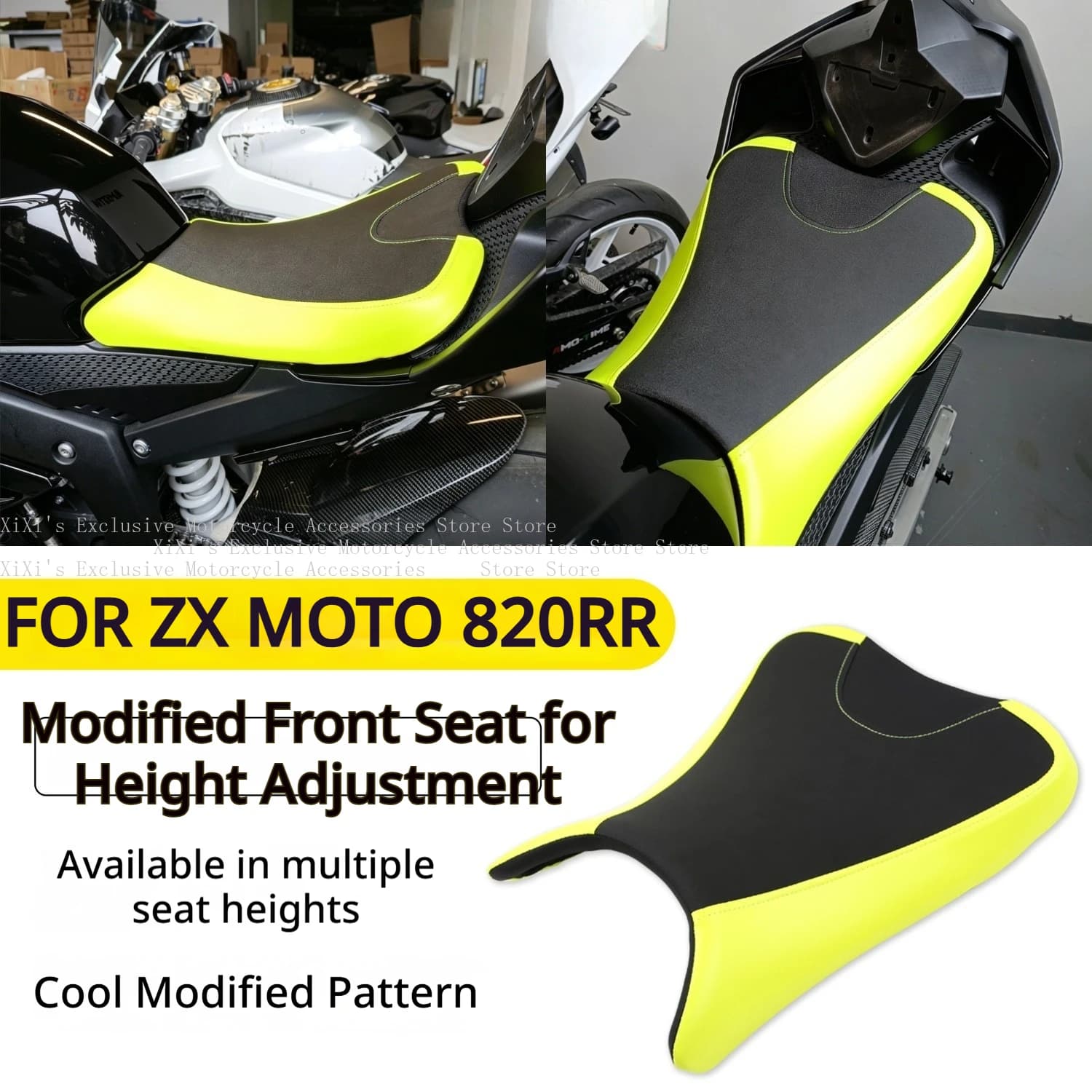 Assento dianteiro modificado para motocicleta ZXMOTO 820RR, preto e amarelo fluorescente