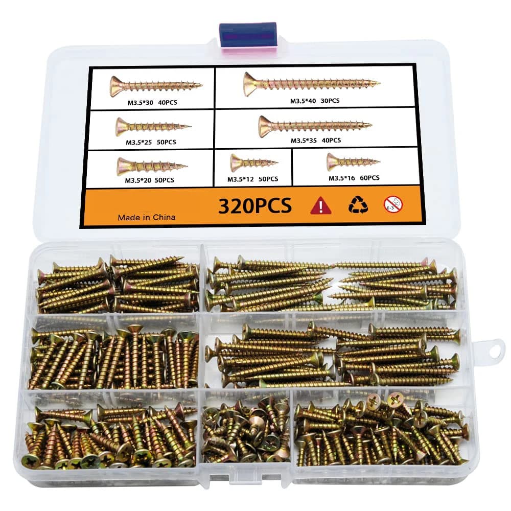 Conjunto de parafusos de madeira de cabeça plana M3.5, 320 peças, chave de fenda cruzada, galvanizado amarelo, compartimentos plásticos transparentes, rótulos com tamanhos e quantidades.