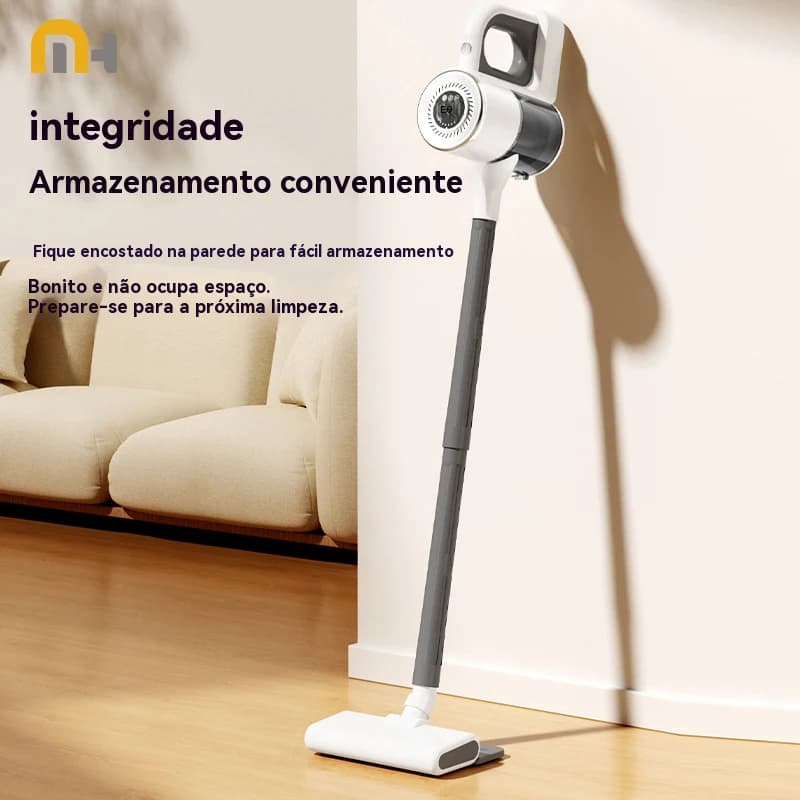 Aspirador de mão sem fio branco e cinza para fácil armazenamento em parede bege