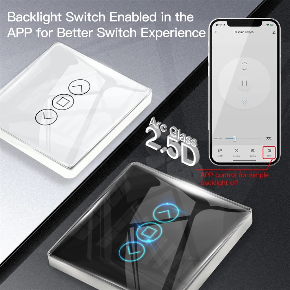 Interruptor de cortina Moes vidro 2.5D arc branco e preto com luz de fundo controlada por app