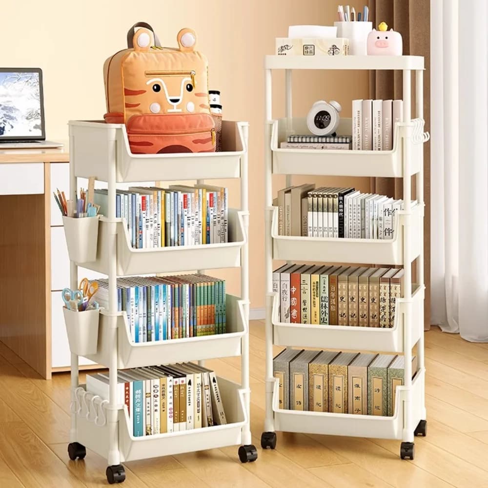 Estante infantil bege com rodas Jácotei, carrinho organizador para livros e brinquedos, 2 unidades